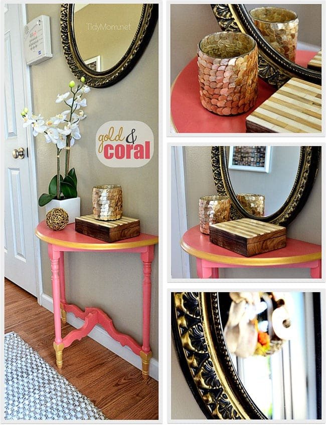 DIY Gold & Coral Table and decor. Details at cetcu.com