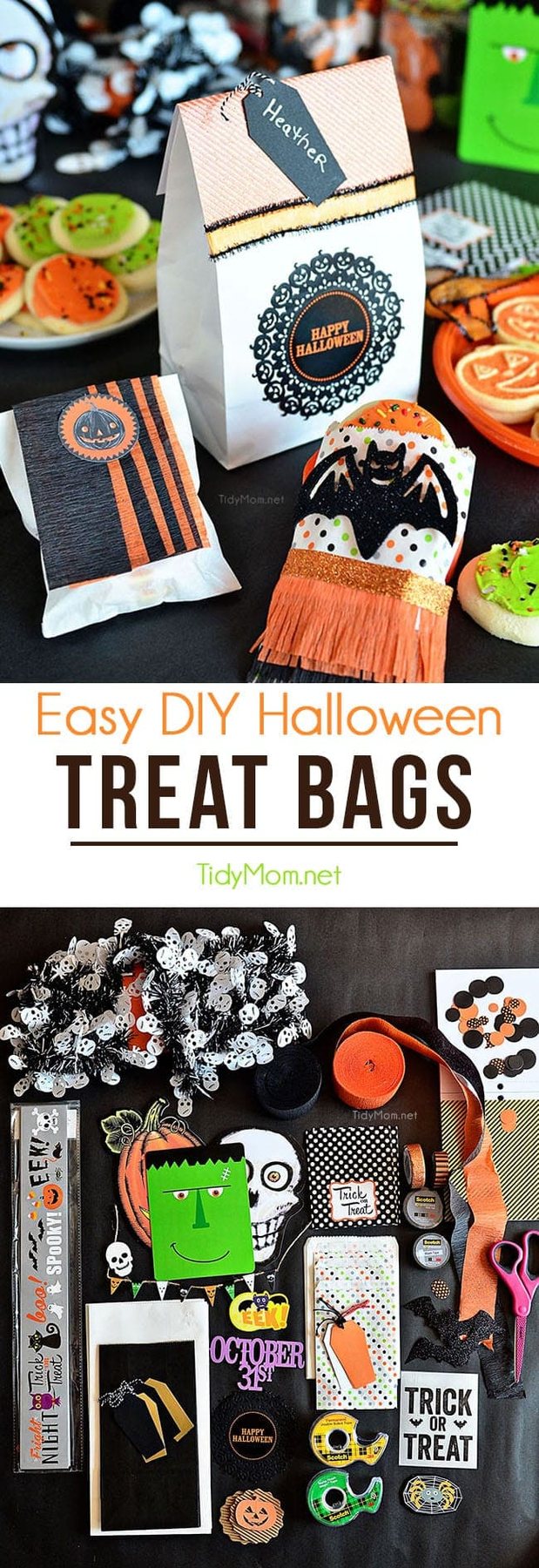 DIY Halloween Treat Bags. Perfect for cookies, candy or halloween favors to pass out to trick-or-treaters or Halloween party guests. Details on how to make 3 different Halloween treat bags at cetcu.com