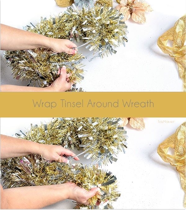 DIY Christmas Decor - Make this easy Tinsel Wreath in under 15 minutes and no glue required! Tutorial at cetcu.com