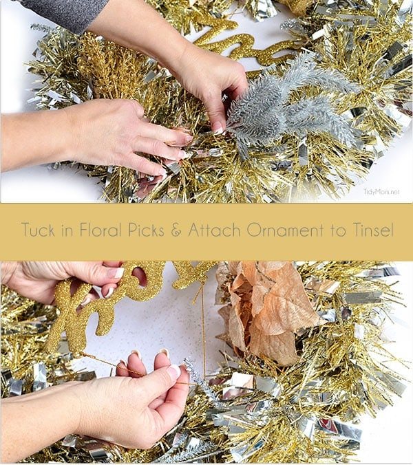 DIY Christmas Decor - Make this easy Tinsel Wreath in under 15 minutes and no glue required! Tutorial at cetcu.com