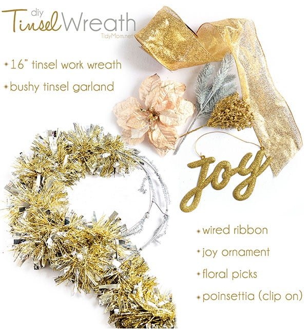 DIY Christmas Decor - Make this easy Tinsel Wreath in under 15 minutes and no glue required! Tutorial at cetcu.com
