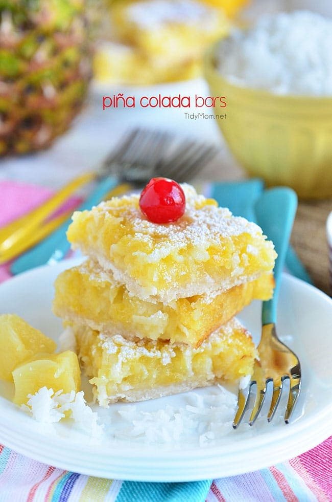 Channel the tropics, lounging on a white sandy beach, with these Pina Colada Bars. Enjoy the flavors of coconut and pinaple and consider it your ticket to a mental tropical paradise. grab the recipe at cetcu.com