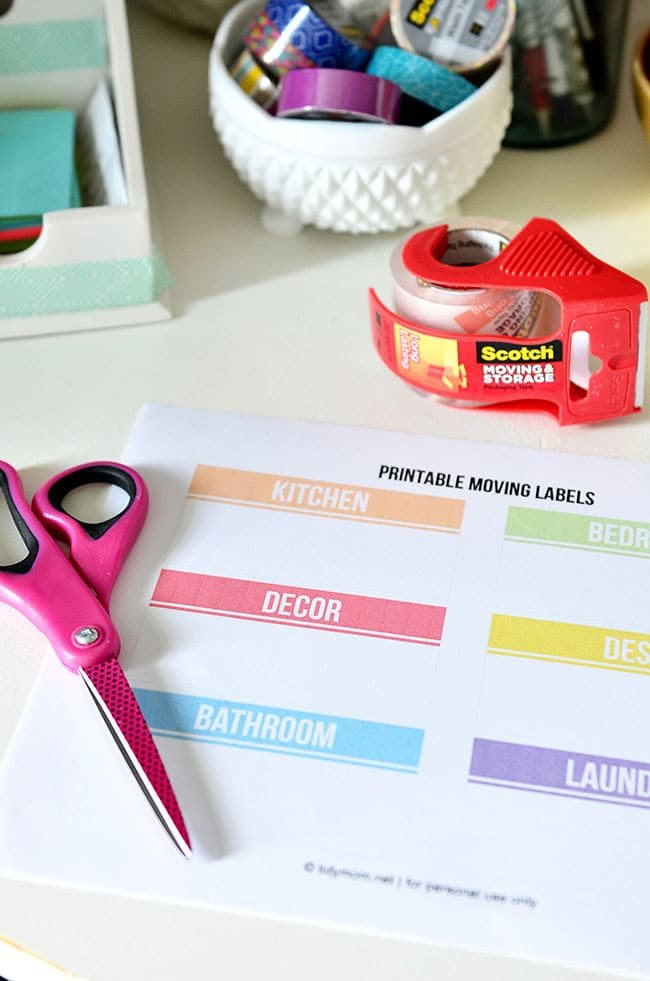 Free printable moving labels. Print on copy paper and cut out, and using Scotch Brand Moving and Packing Tape to attach to boxes and bins