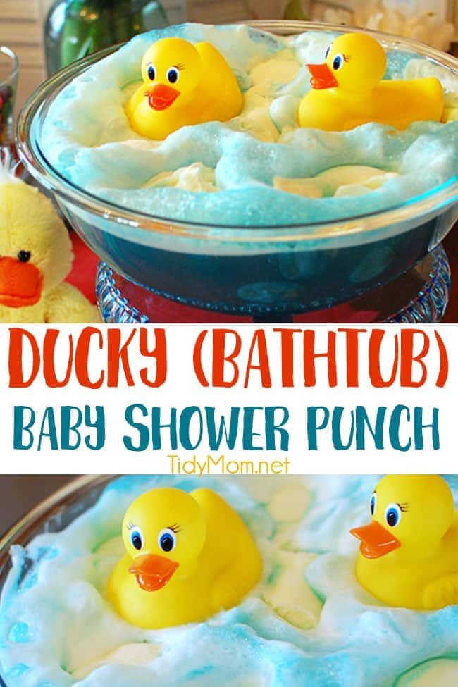 This Adorable Ducky Baby Shower Punch made with blue Kool-Aid gives the look of bath water and bubbles made of sherbet mixed with the ginger ale for the perfect party refreshment. Get this party punch recipe at cetcu.com #punch #babyshower #birthday #ducks