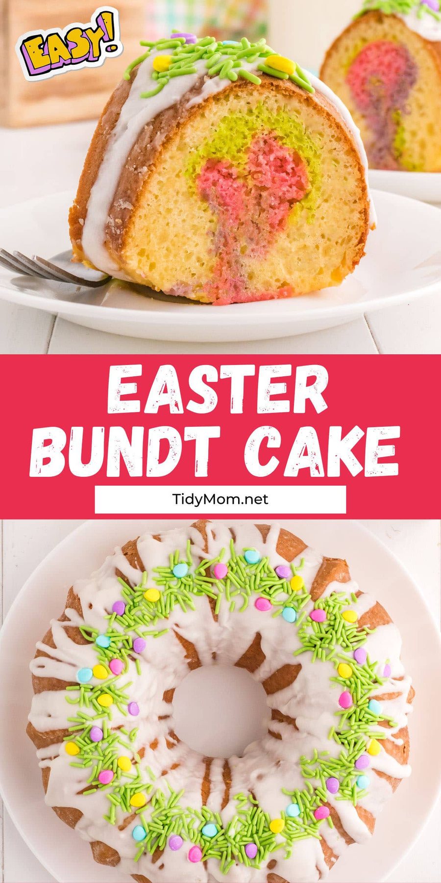 Easter bundt cake slice and whole cake