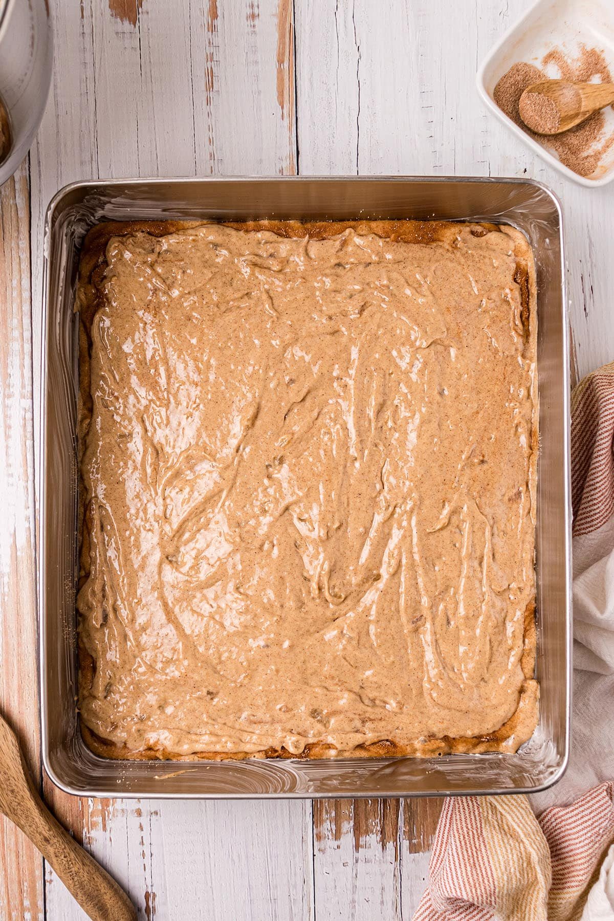 cake batter in a cake pan