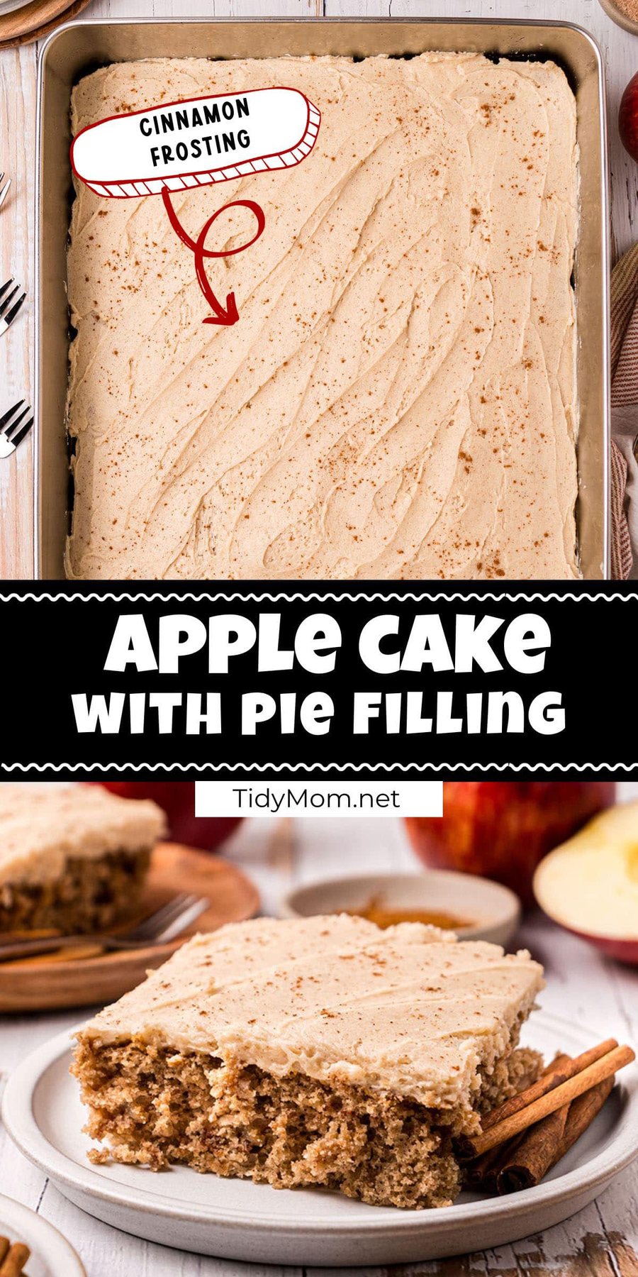 apple cake in a pan and slices on plates