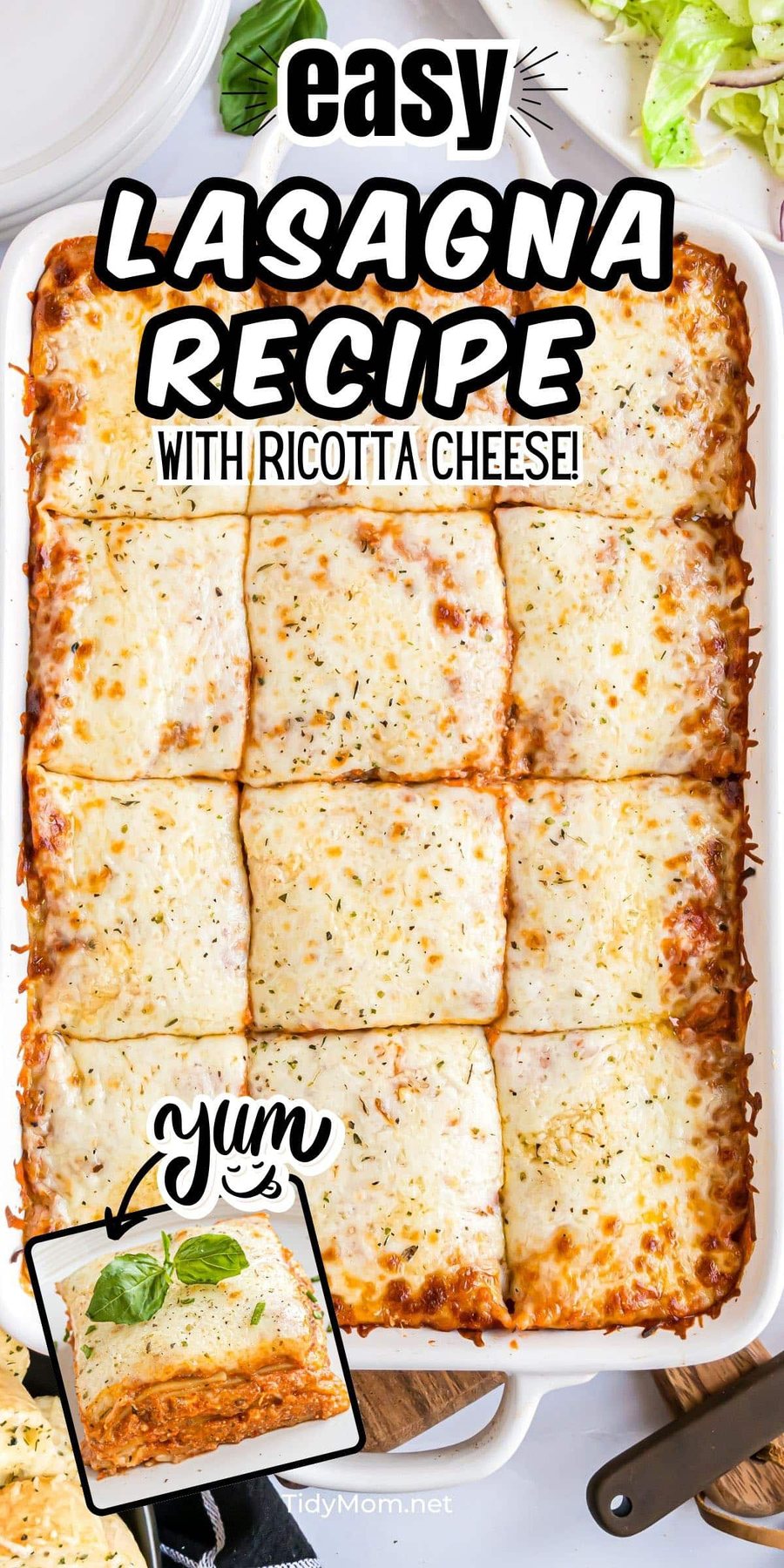 lasagna in a baking dish with servings cut