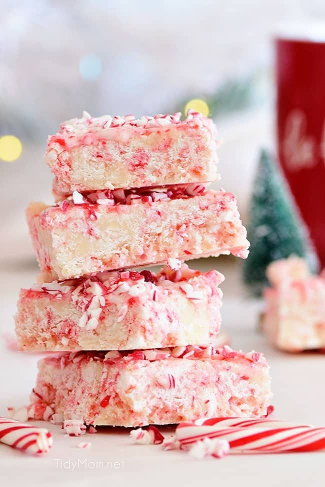 Four pieces of Peppermint Fudge stacked