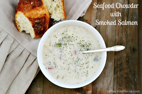 Seafood chowder with smoked salmon and dill from atthepicketfence.com. Recipe at cetcu.com