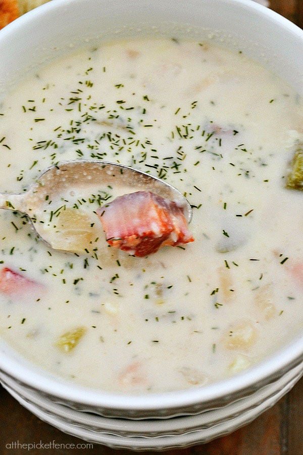 Seafood chowder with smoked salmon and dill from atthepicketfence.com. Recipe at cetcu.com