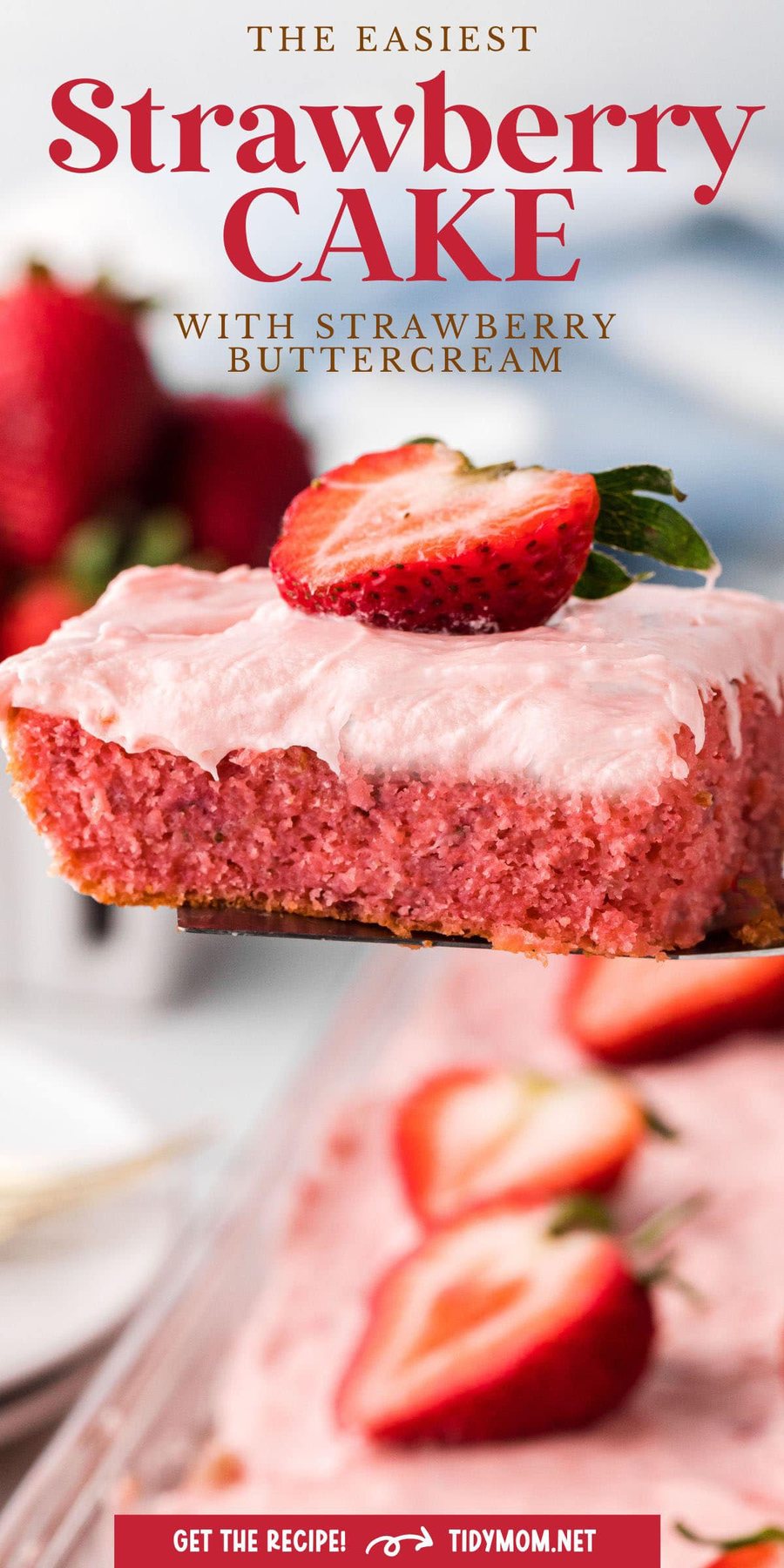 serving a piece of strawberry cake with a spatula.