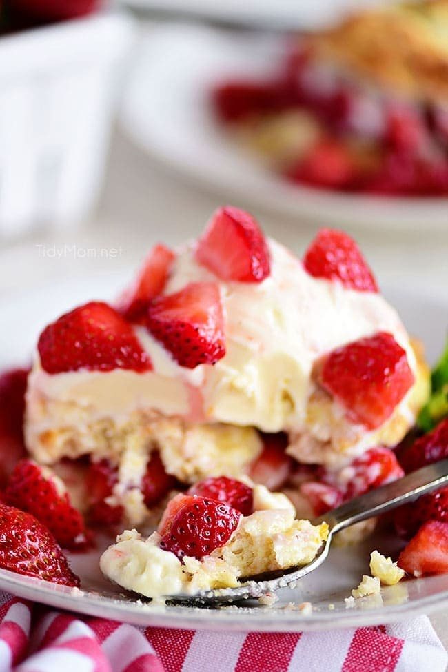 Strawberry Shortcake bite on a fork