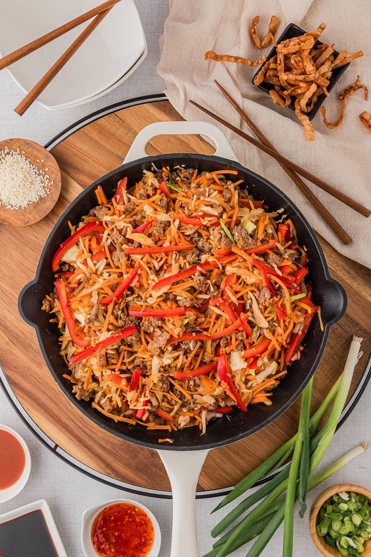 one skillet Asian inspired Egg Roll in a Bowl