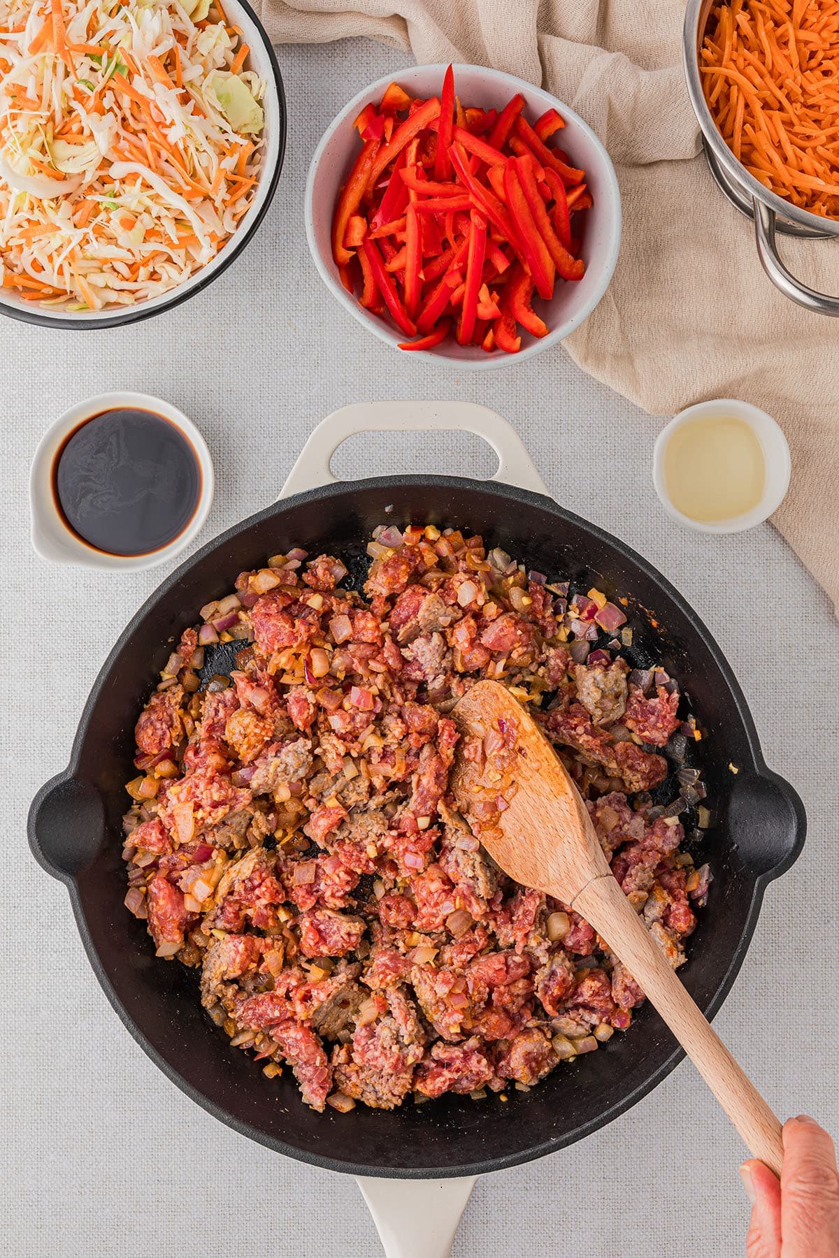 making egg roll in a bowl in a cast iron skillet