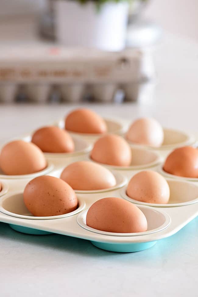 hard cooked eggs in muffin tin
