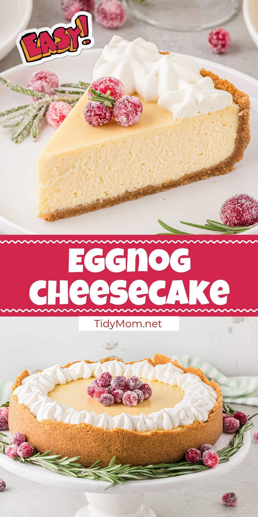 cheesecake photo collage with a whole cake and a slice.