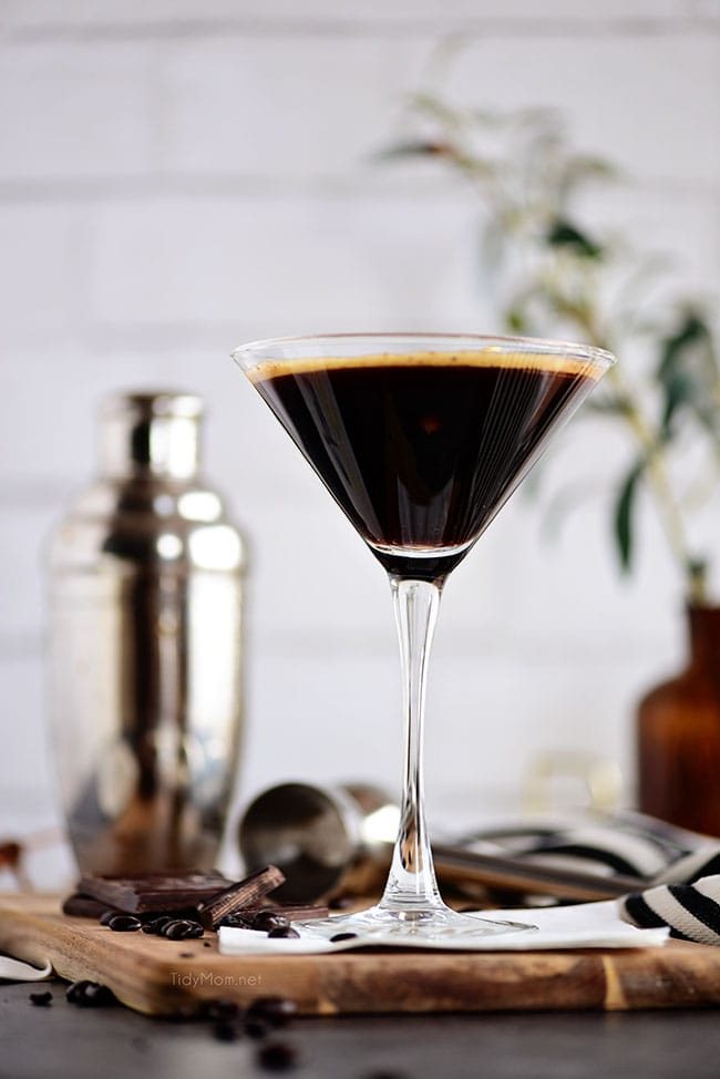 espresso martini with a silver cocktail shaker