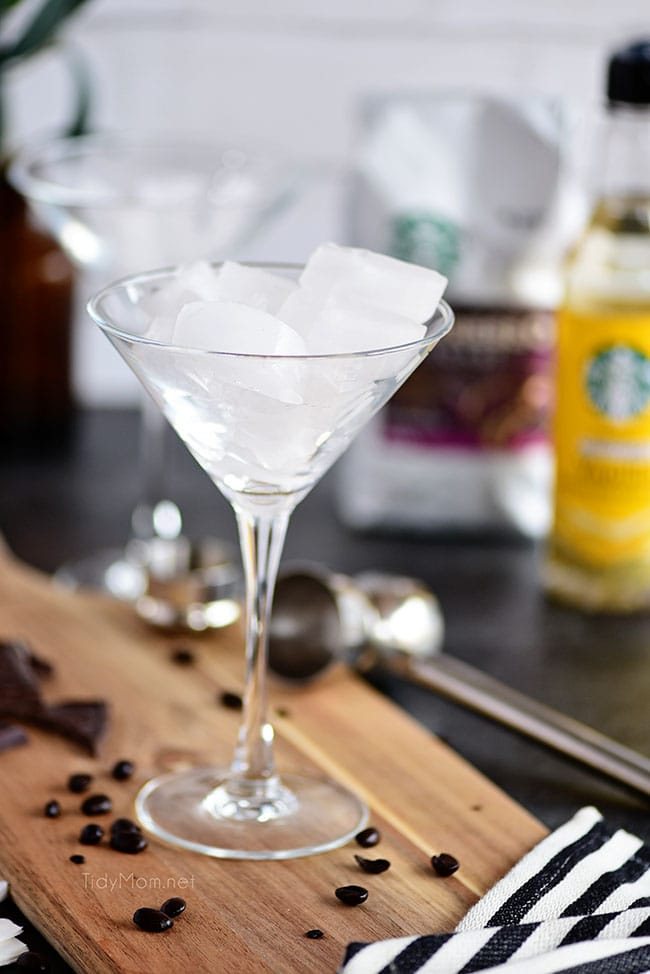 chilling a martini glass by filling it with ice
