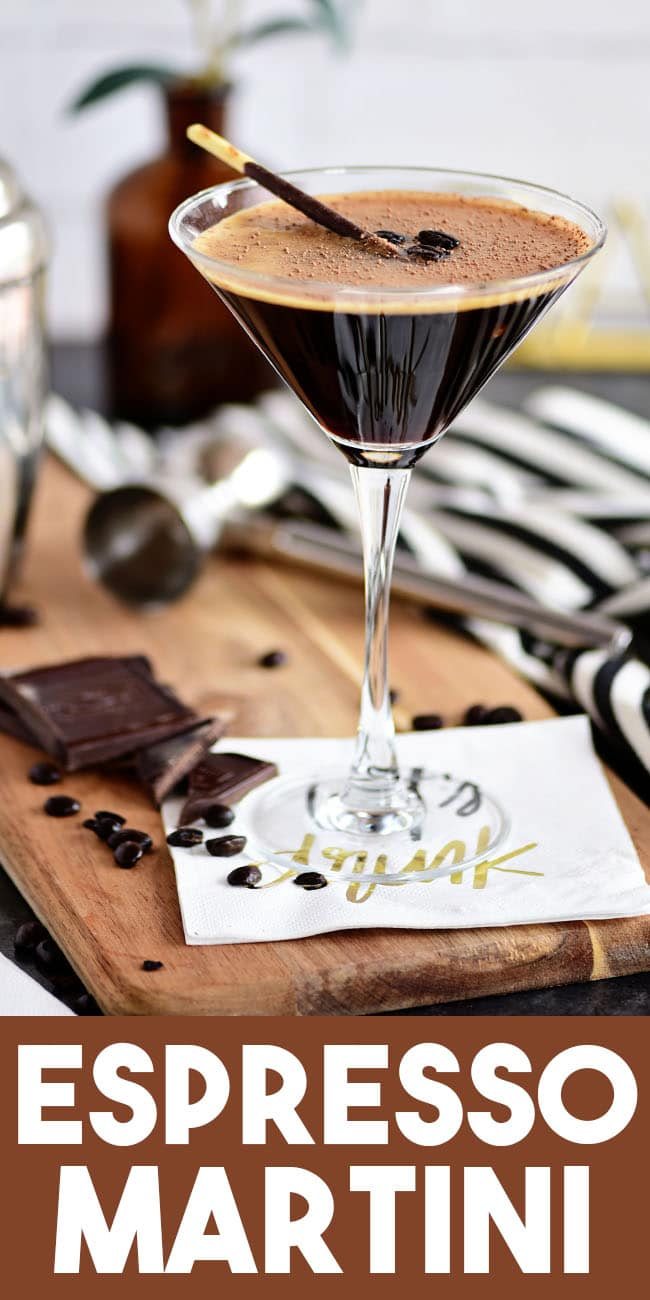 espresso martini with a pocky stick garnish