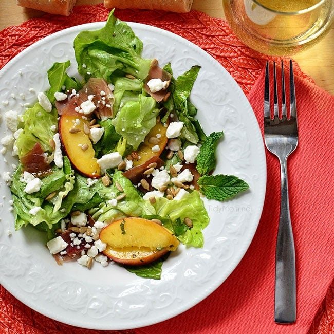 Summer on a fork! Feta, Peach & Prosciutto Salad ingredients. Recipe at cetcu.com