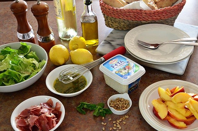 Feta, Peach & Prosciutto Salad ingredients. Recipe at cetcu.com
