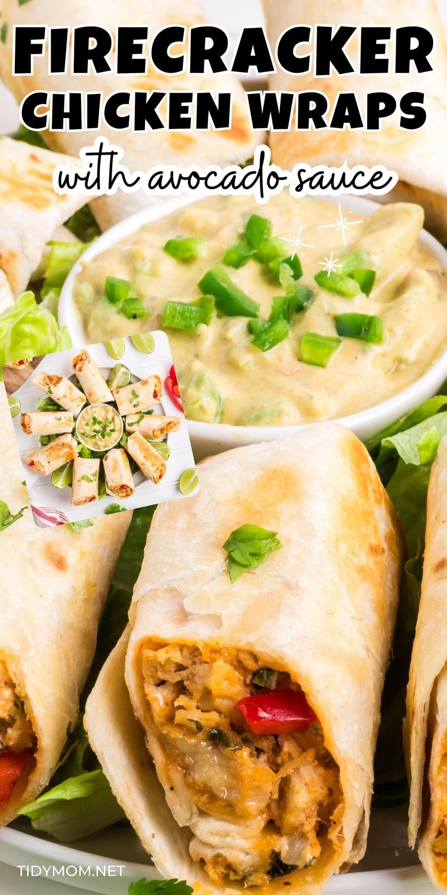 firecracker chicken wraps on a round platter with a bowl of homemade avocado sauce in the center