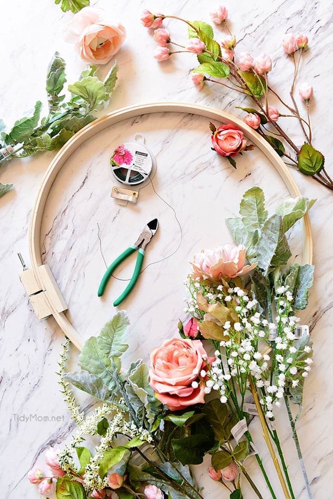 spring floral hoop wreath tutorial and supplies