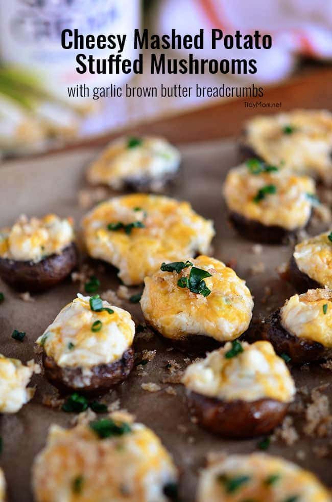 Cheesy Mashed Potato Stuffed Mushrooms with Garlic Brown Butter Breadcrumbs