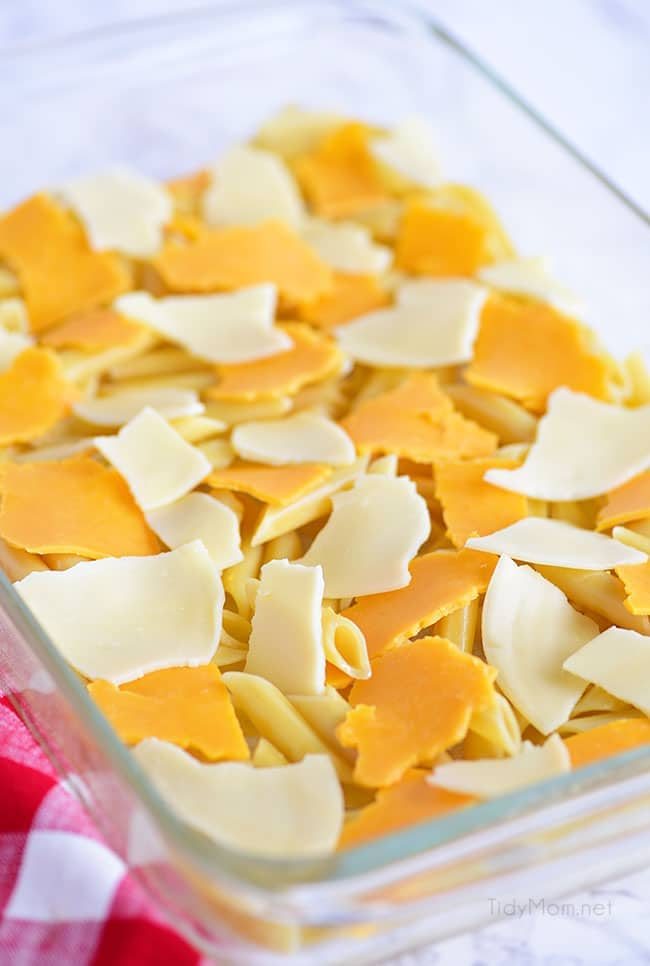 Three Cheese Baked Mostaccioli - noodles and cheese in pan