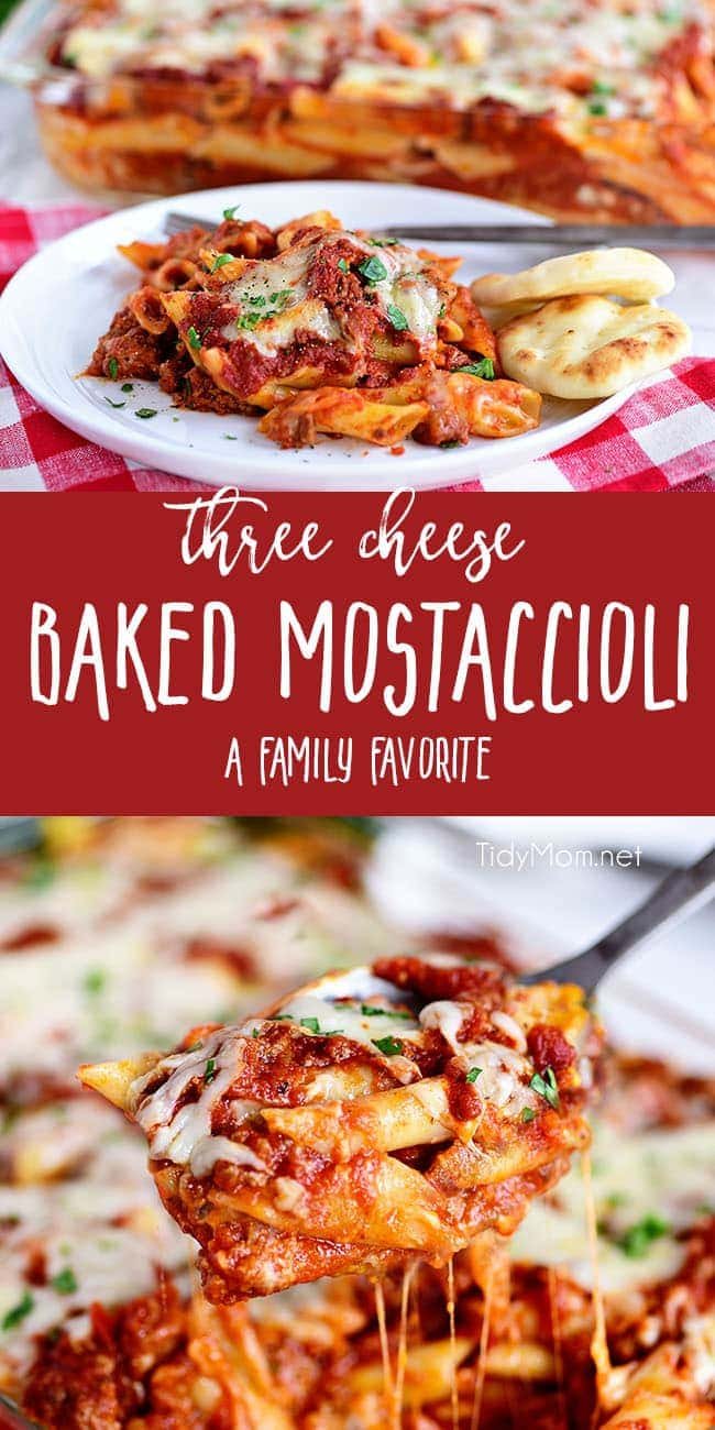This family recipe for Three Cheese Baked Mostaccioli is a wonderful cheesy pasta dish the whole family will be asking for again and again! Get the full recipe + video at cetcu.com #mostaccioli #pasta #cheese #familyrecipe #homemade