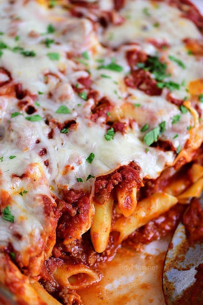 This family recipe for Three Cheese Baked Mostaccioli is a wonderful cheesy pasta dish the whole family will be asking for again and again! Get the full recipe + video at cetcu.com #mostaccioli #pasta #cheese #familyrecipe #homemade