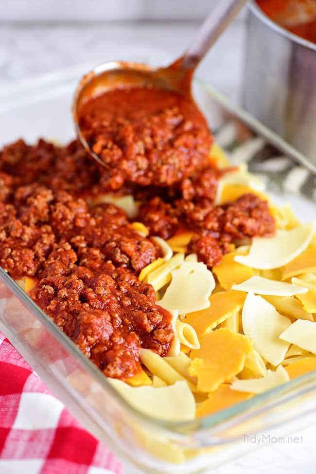 Three Cheese Baked Mostaccioli - noodles, cheese and sauce in pan
