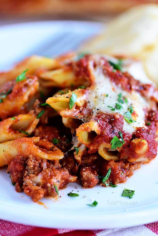 This family recipe for Three Cheese Baked Mostaccioli is a wonderful cheesy pasta dish the whole family will be asking for again and again! Get the full recipe + video at cetcu.com #mostaccioli #pasta #cheese #familyrecipe #homemade