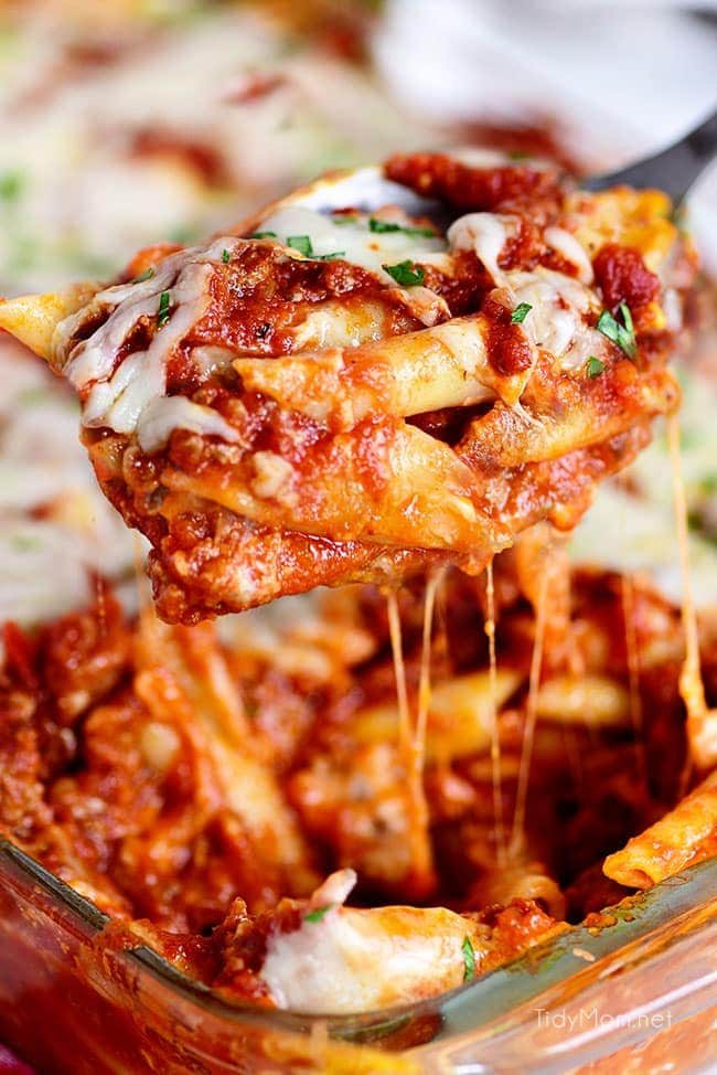 This family recipe for Three Cheese Baked Mostaccioli is a wonderful cheesy pasta dish the whole family will be asking for again and again! Get the full recipe + video at cetcu.com #mostaccioli #pasta #cheese #familyrecipe #homemade