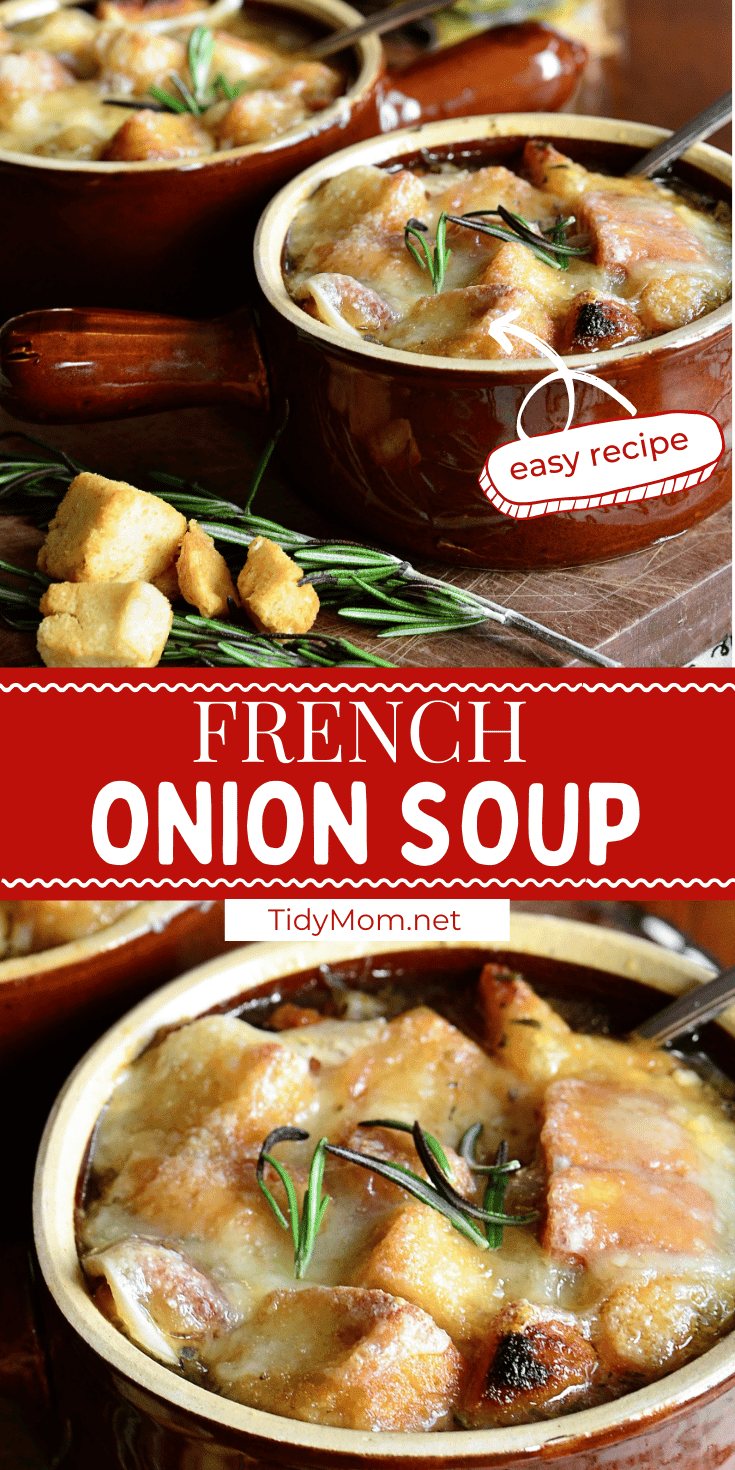 french onion soup in brown bowls