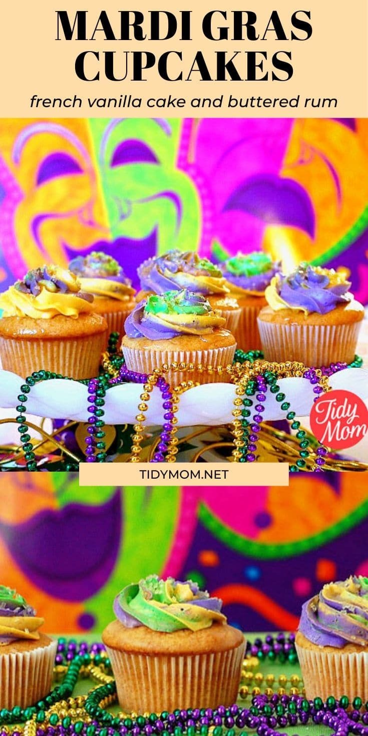 mardi gras cupcakes on a white platter