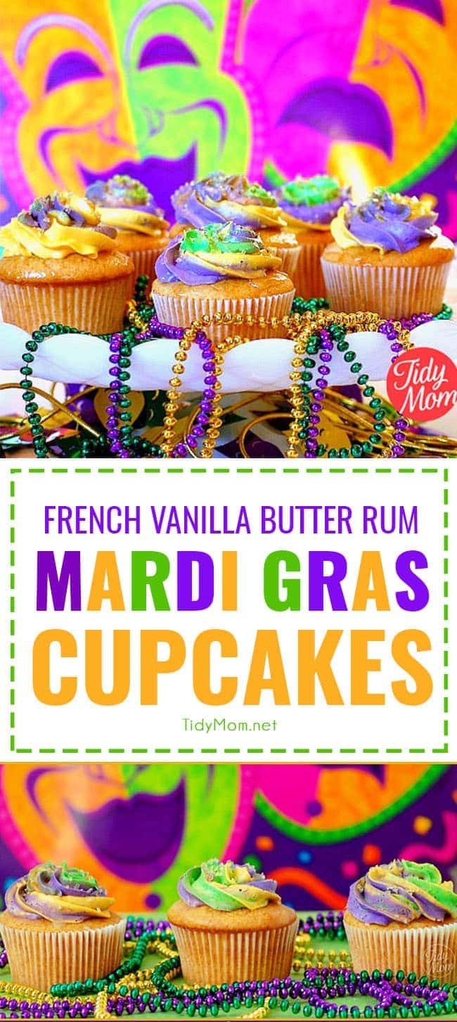The King Cake might be the traditional sweet on Mardi Gras, but these fun cupcakes are decorated with traditional Mardi Gras colors: purple represents justice, green represents faith and gold represents power. French Vanilla Butter Rum Mardi Gras Cupcakes recipe at cetcu.com