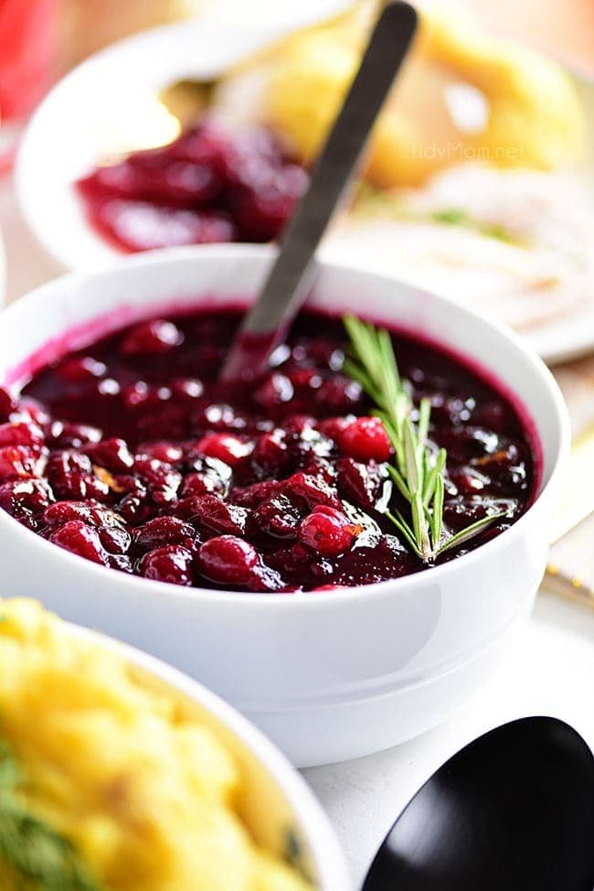 Fresh Cranberry Sauce in bowl with spoon