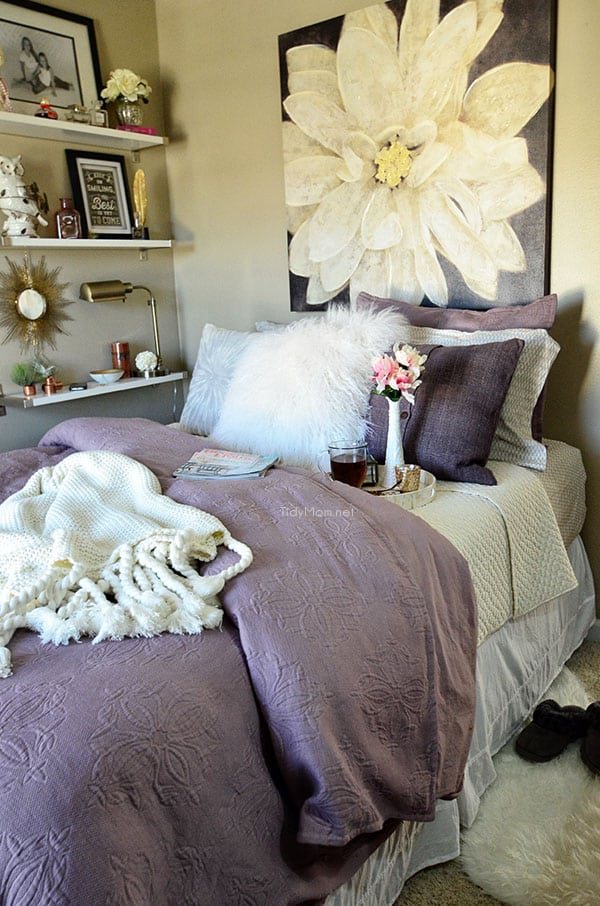 Guest Room Amethyst West Elm bedding with Ikea Ekby Shelves at cetcu.com