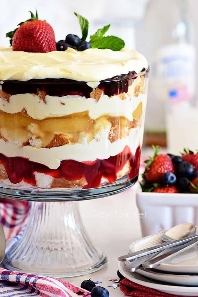 fruit trifle with strawberry, blueberry and apple pie filling