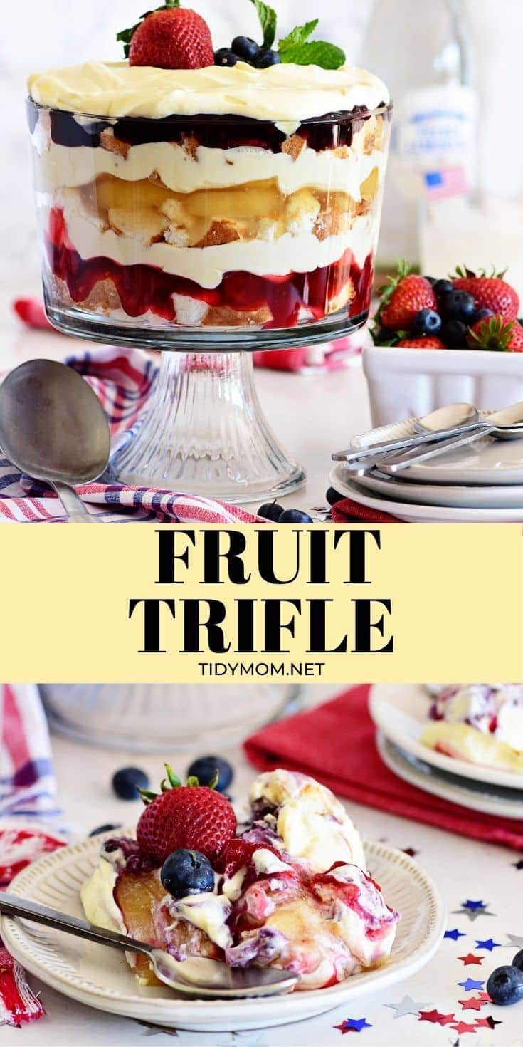 fruit trifle with pie filling in a dessert bowl and on a plate