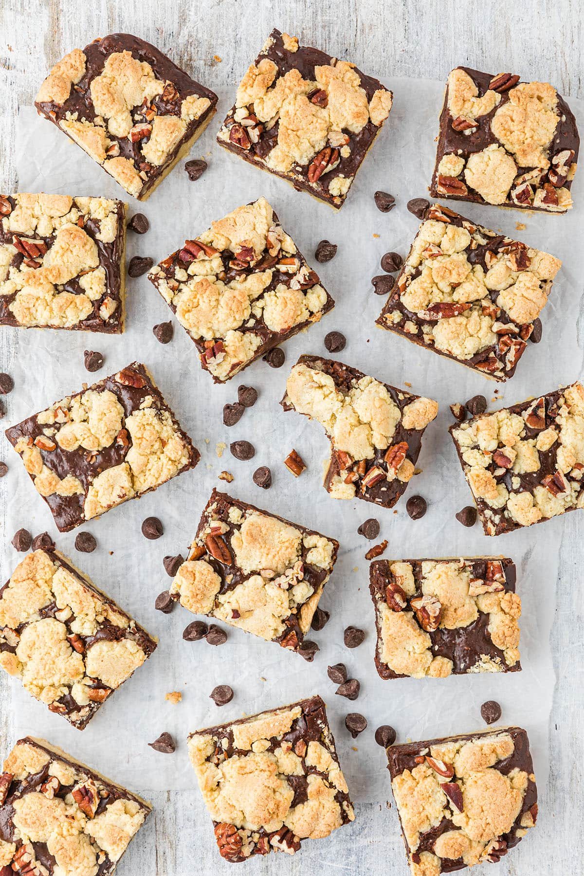 overhead shot of cut fudge nut cookie bars