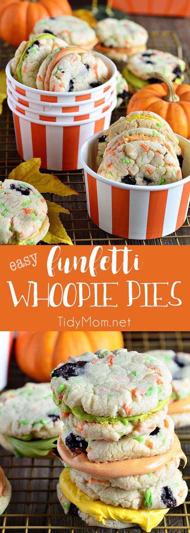 Funfetti Whoppie Pies are an easy and delicious cookie treat thanks to a box cake mix and canned frosting. Add seasonal sprinkles and food color to frosting. Get the recipe for these Halloween Funfetti Whoppie Pies at cetcu.com