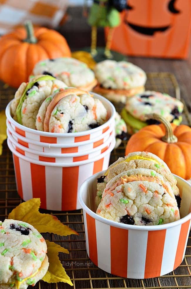 Funfetti Whoppie Pies are an easy and delicious cookie treat thanks to a box cake mix and canned frosting. Add seasonal sprinkles and food color to frosting. Get the recipe for these Halloween Funfetti Whoppie Pies at cetcu.com
