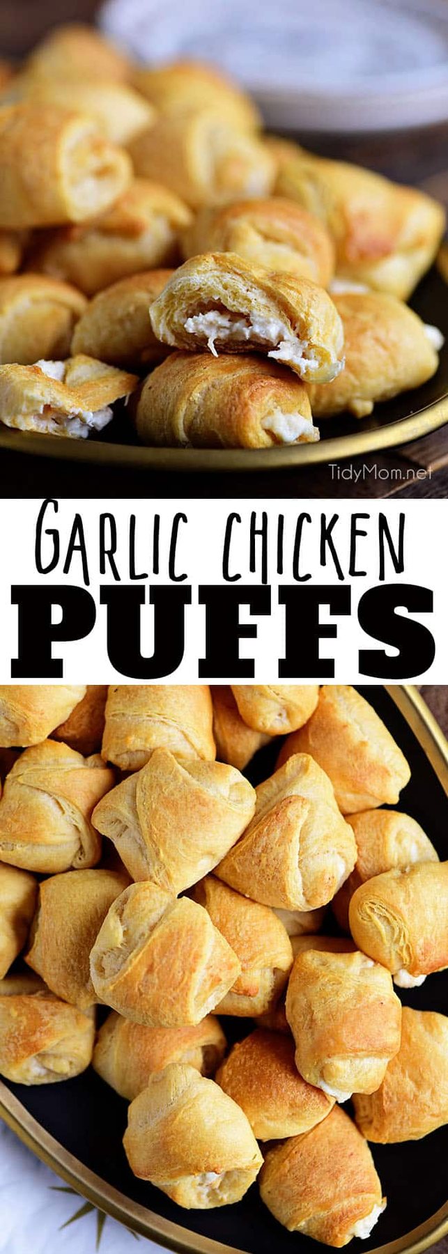 Garlic Chicken Puffs have a rich creamy garlic chicken mixture inside a croissant and baked to form a yummy appetizer. This finger food is a big crowd pleaser and great for gatherings! Print recipe at cetcu.com