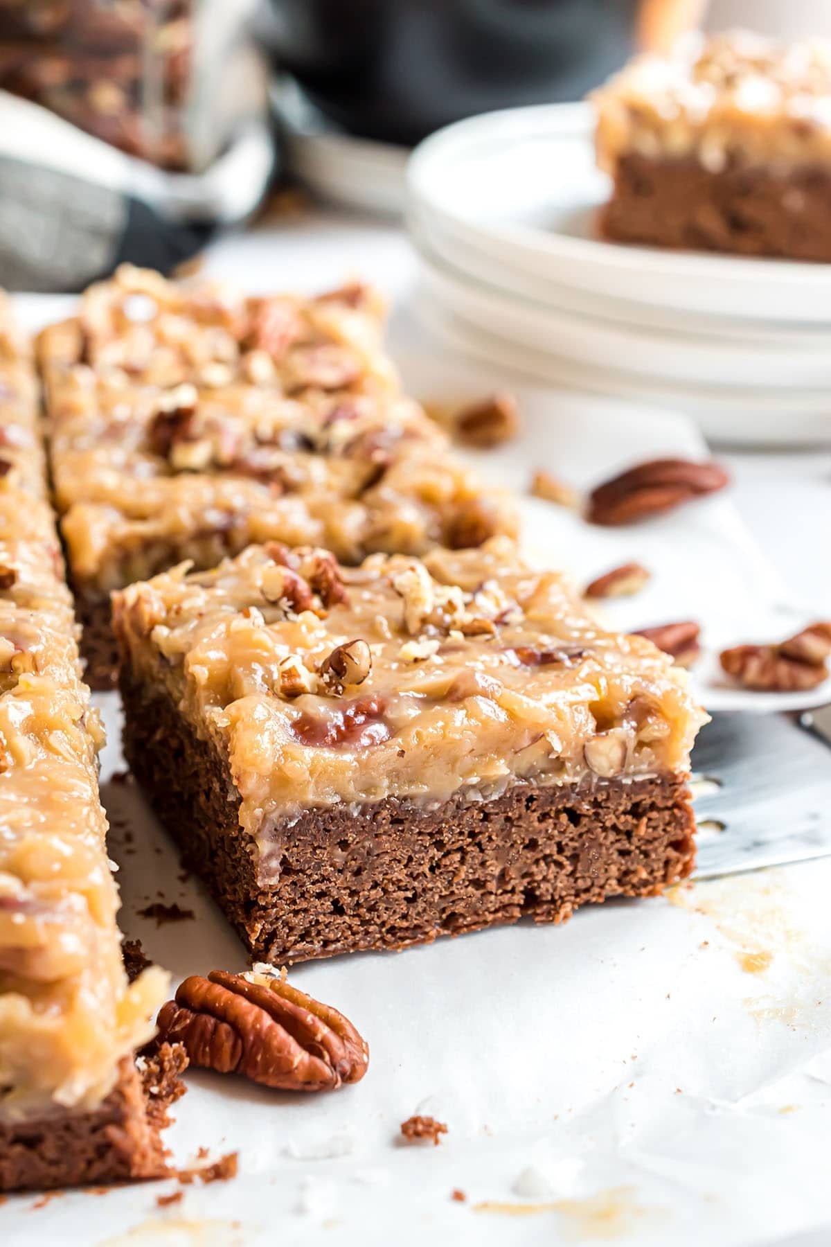 German Chocolate Brownies cut on a platter