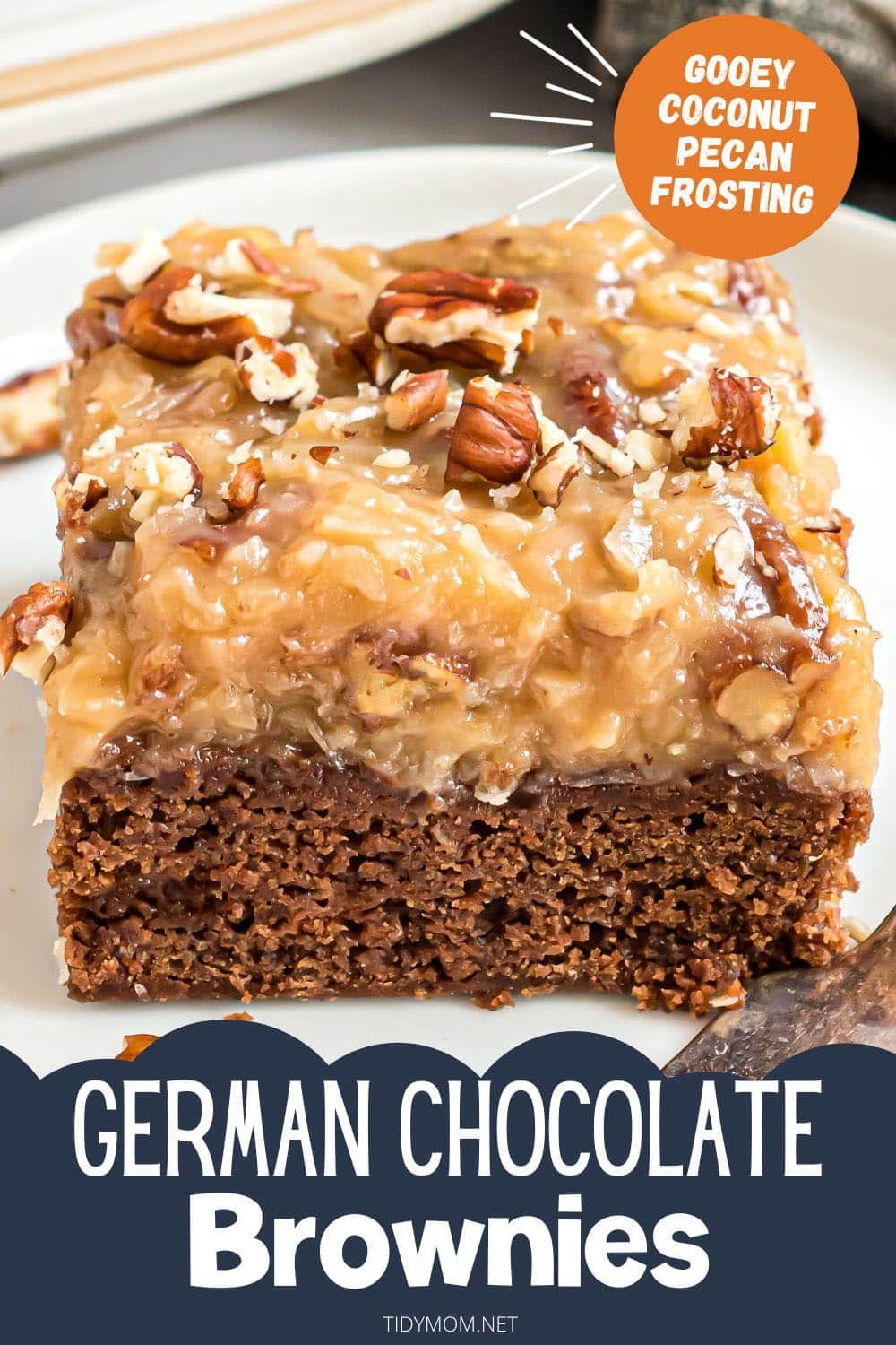 close up of a homemade brownie with coconut pecan topping