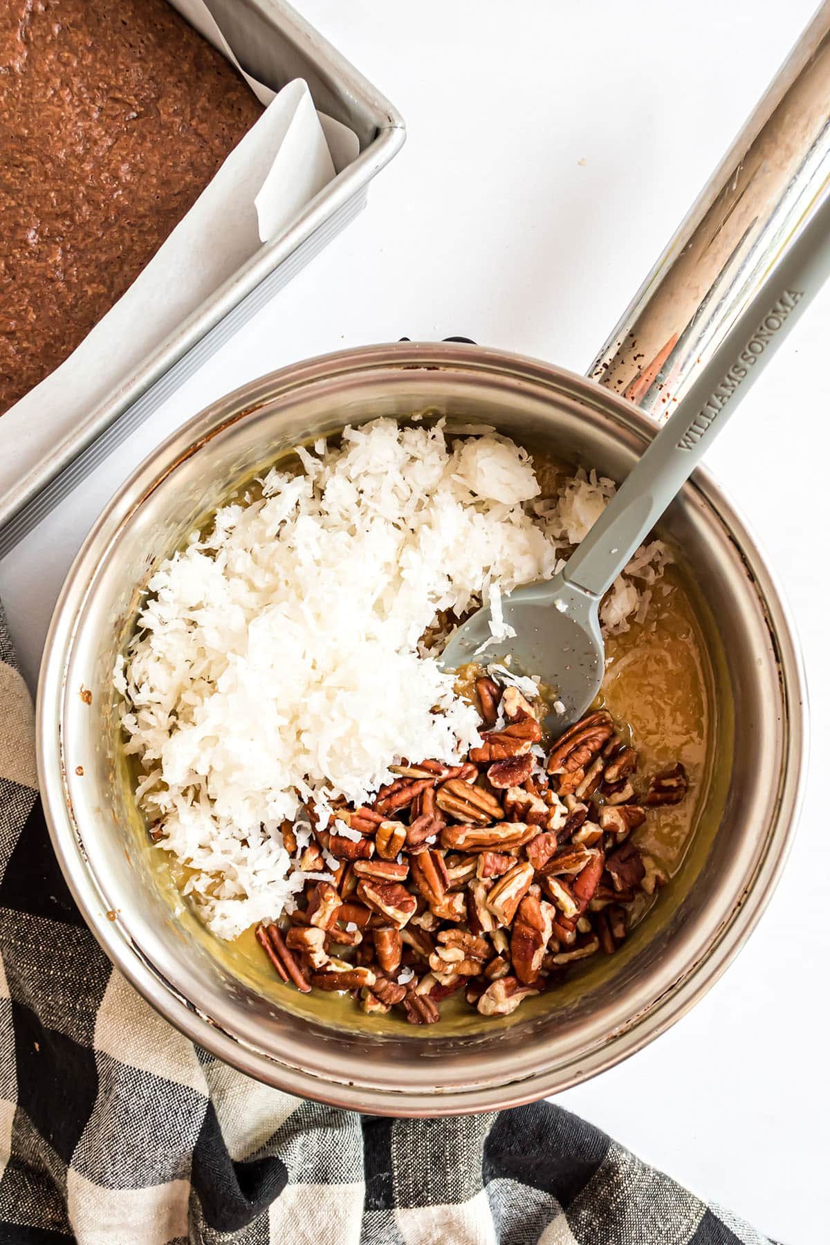 coconut pecan frosting in a saucepan