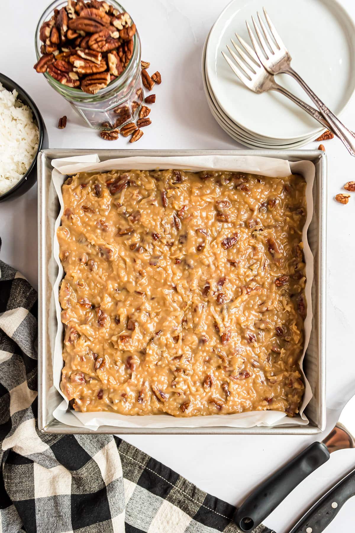 The BEST German Chocolate Brownies in a square baking pan